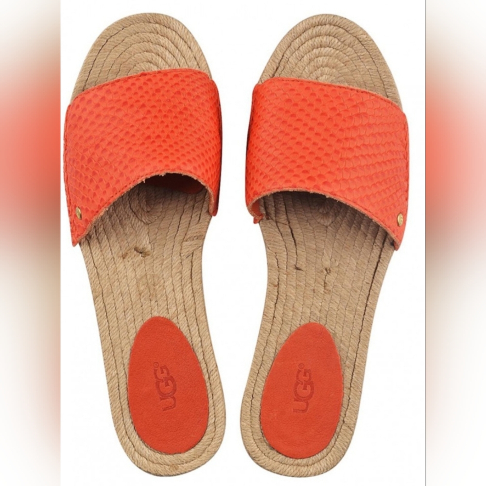 UGG Cherry Exotic Genuine Leather/Jute Espadrille Flat Slide Sandals Salmon 10 - Picture 6 of 16